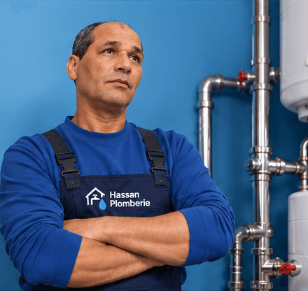 Hassan, plombier, avec ses outils