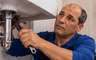Hassan répare l’évacuation sous un lavabo